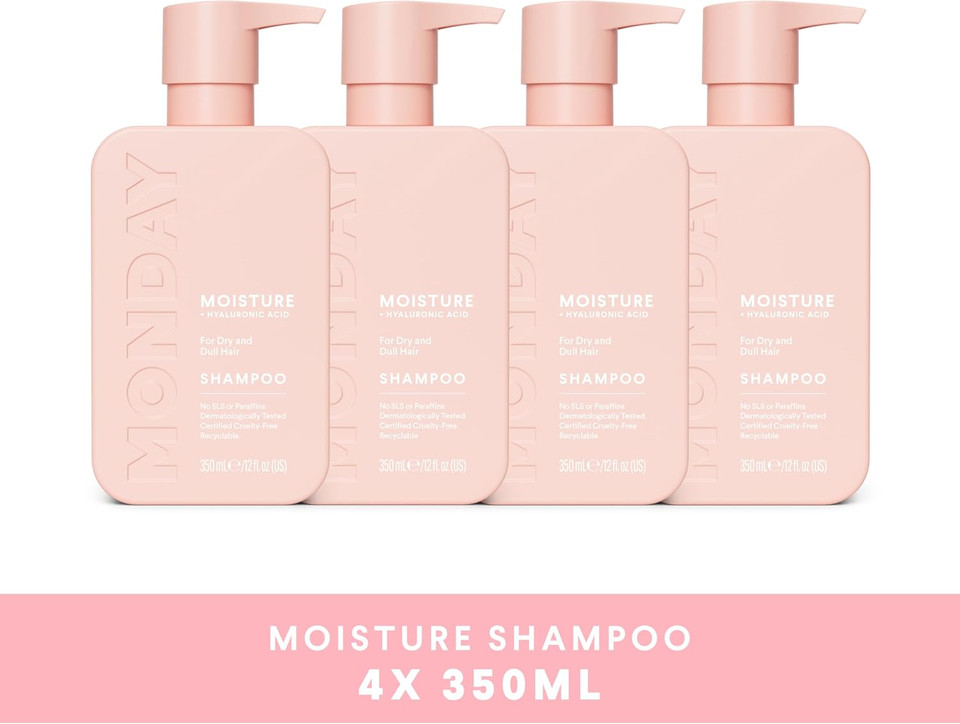 MONDAY Haircare 4 x 350 ml MOISTURE Shampoo with Hyaluronic Acid & Shea Butter for Dry & Dull Hair
