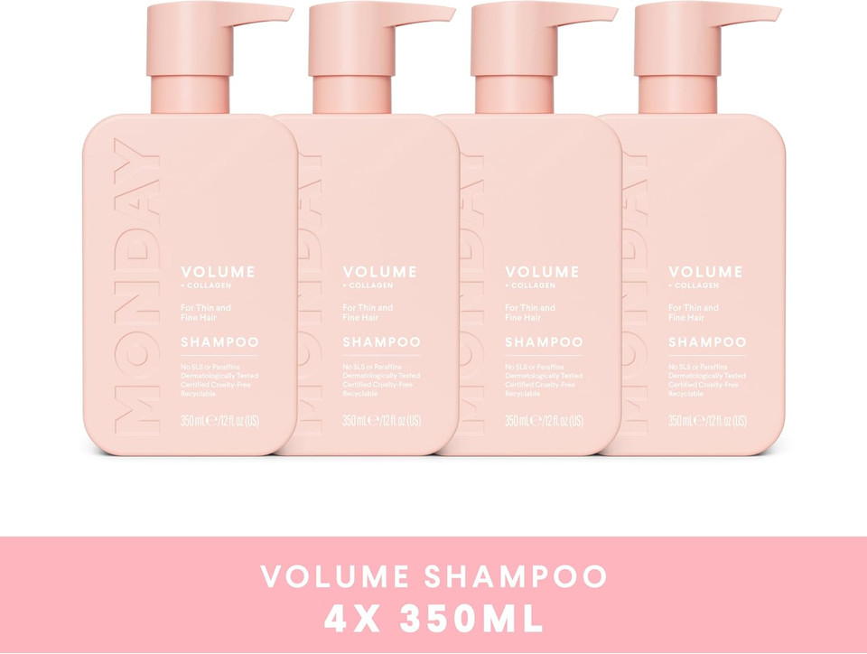 MONDAY Haircare 4 x 350 ml VOLUME Shampoo with Hydrolysed Collagen & Macadamia Oil for Thin, Fine & Flat Hair
