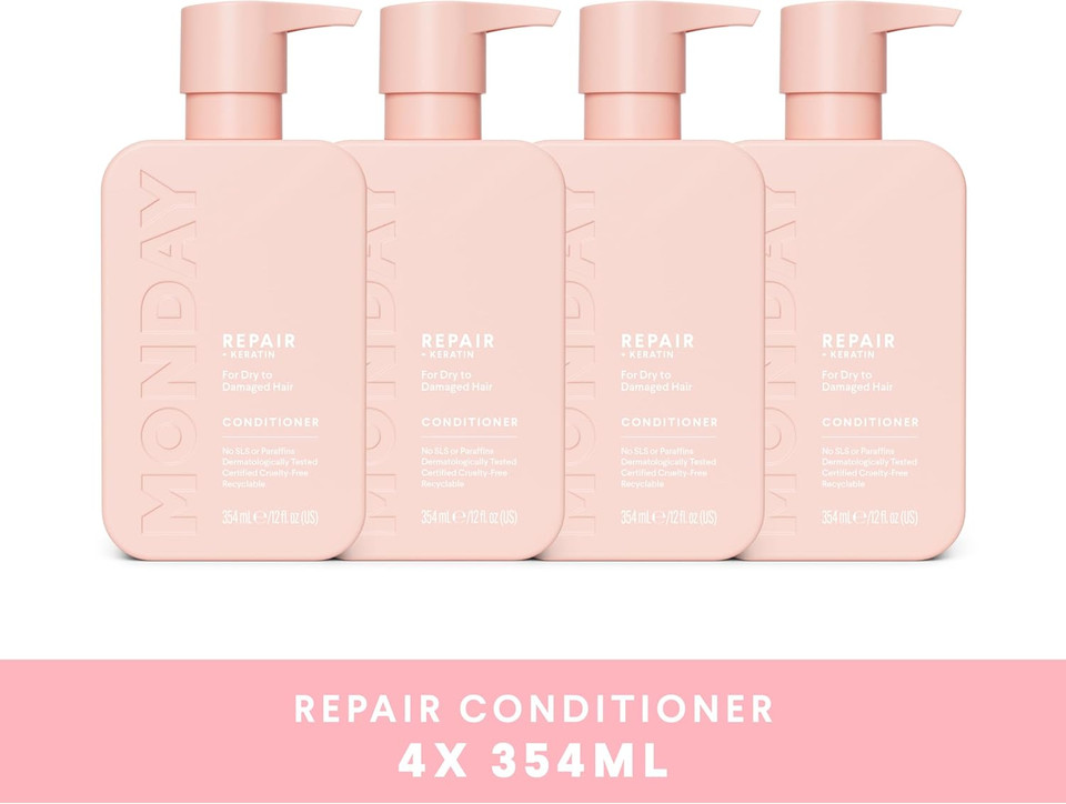 MONDAY Haircare 4 x 354 ml REPAIR Conditioner with Keratin, Coconut Oil, Shea Butter, Argan Oil & Cocoa Butter for Dry to Damaged Hair