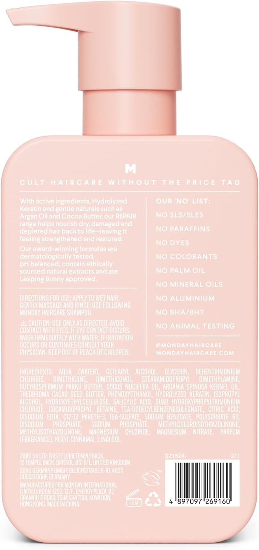 MONDAY Haircare 4 x 354 ml REPAIR Conditioner with Keratin, Coconut Oil, Shea Butter, Argan Oil & Cocoa Butter for Dry to Damaged Hair