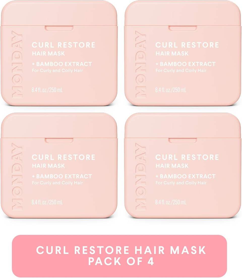 MONDAY Haircare 4 x 250 ml CURL RESTORE Hair Mask with Bamboo Extract, Coconut Oil & Shea Butter for All Curls & Coils