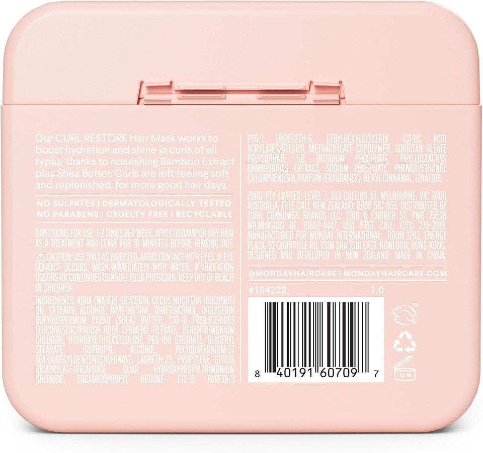 MONDAY Haircare 4 x 250 ml CURL RESTORE Hair Mask with Bamboo Extract, Coconut Oil & Shea Butter for All Curls & Coils