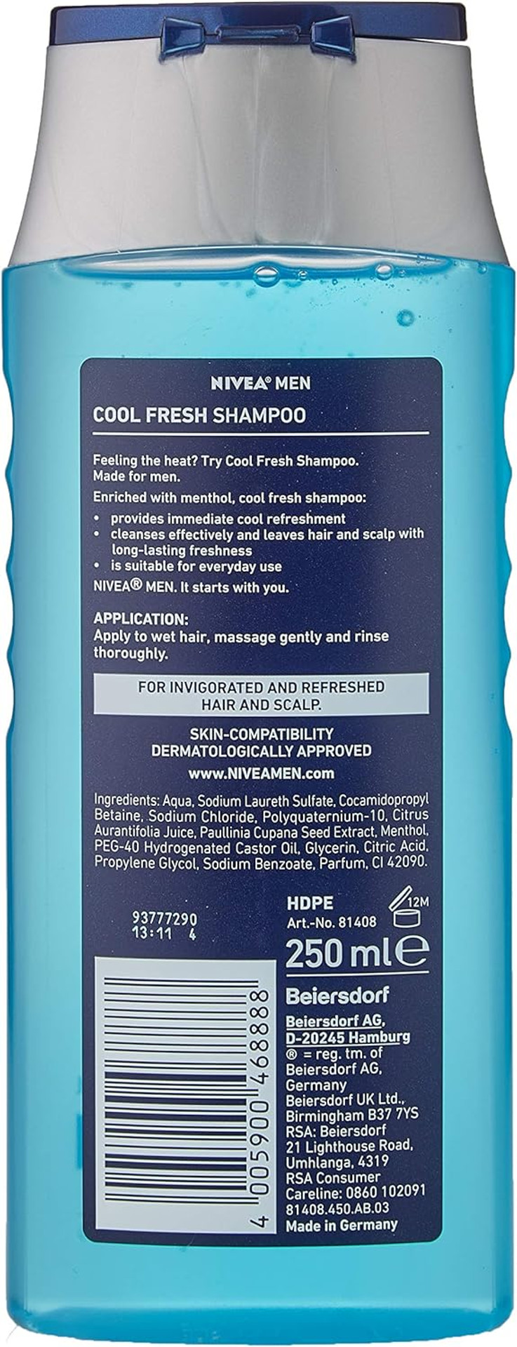NIVEA MEN Cool Fresh Shampoo 250ml, Daily Shampoo for Men, Cool & Refreshing Hair Care, Menthol Shampoo Suitable for Normal to Greasy Hair