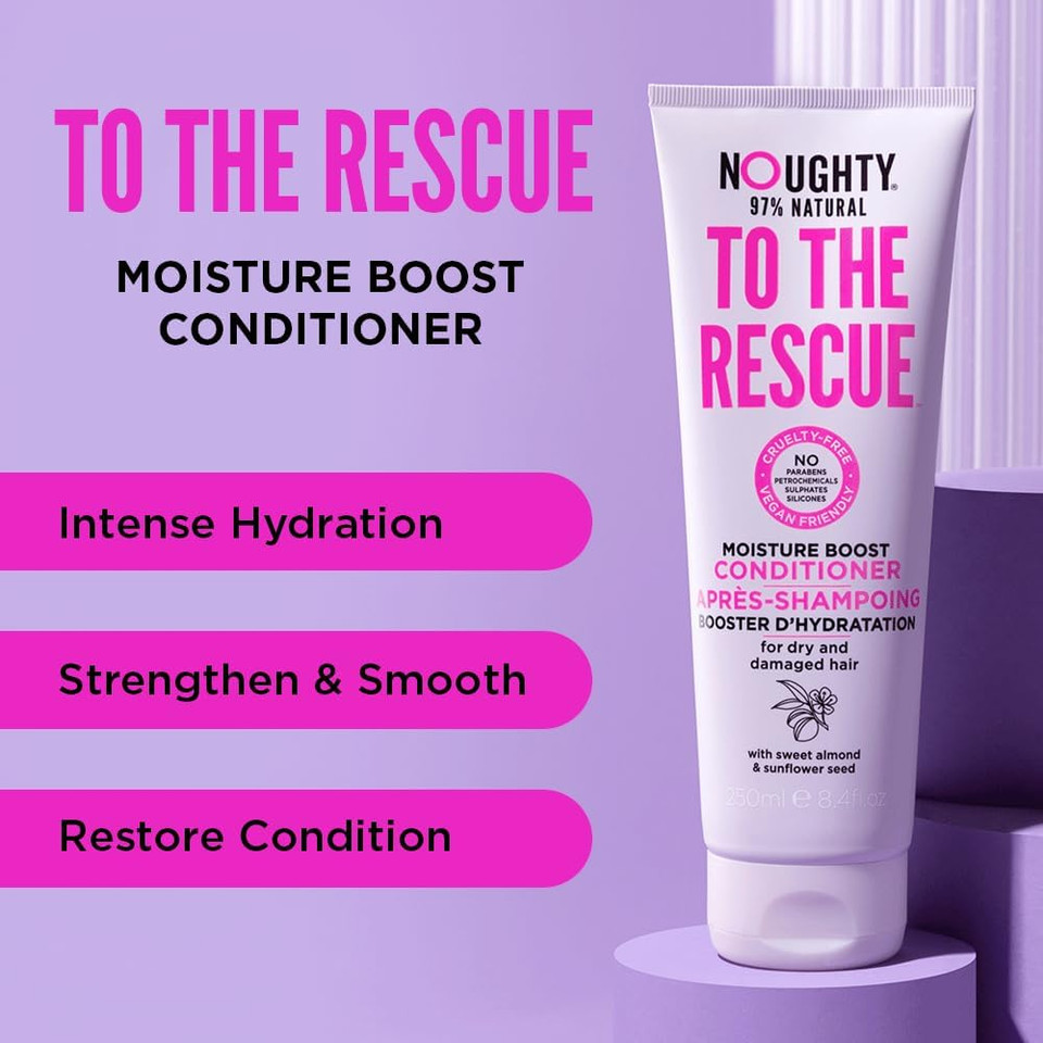 Noughty 97% Natural To The Rescue Moisture Boost Conditioner Sulphate Free Vegan Haircare Hydrating Formula for Dry & Damaged Hair with Sweet Almond and Sunflower Seed 250ml