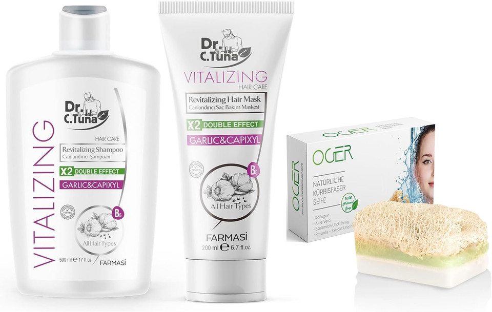 OG-ER Farmasi Dr. C.Tuna Revitalising Revitalising Garlic & Capixyl Hair Care Set - Natural Pumpkin Fibre Soap - Shampoo 500 ml - Hair Mask 200 ml