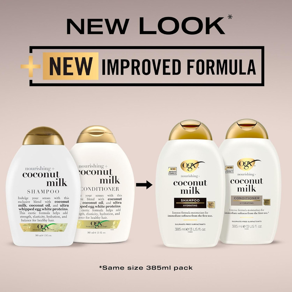 OGX Coconut Milk Nourishing Hair Shampoo, Adds Hydration, for Dry Hair, Sulfate Free Surfactants, 385ml