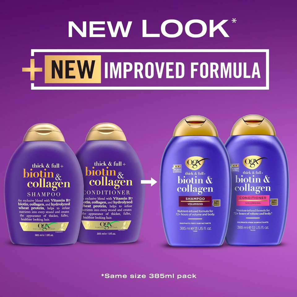 OGX Biotin and Collagen Volumising Hair Conditioner, Thick and Full, with Vitamin B7 Biotin, and Collagen, for Thin Hair, Sulfate Free Surfactants, 385ml, packaging may vary