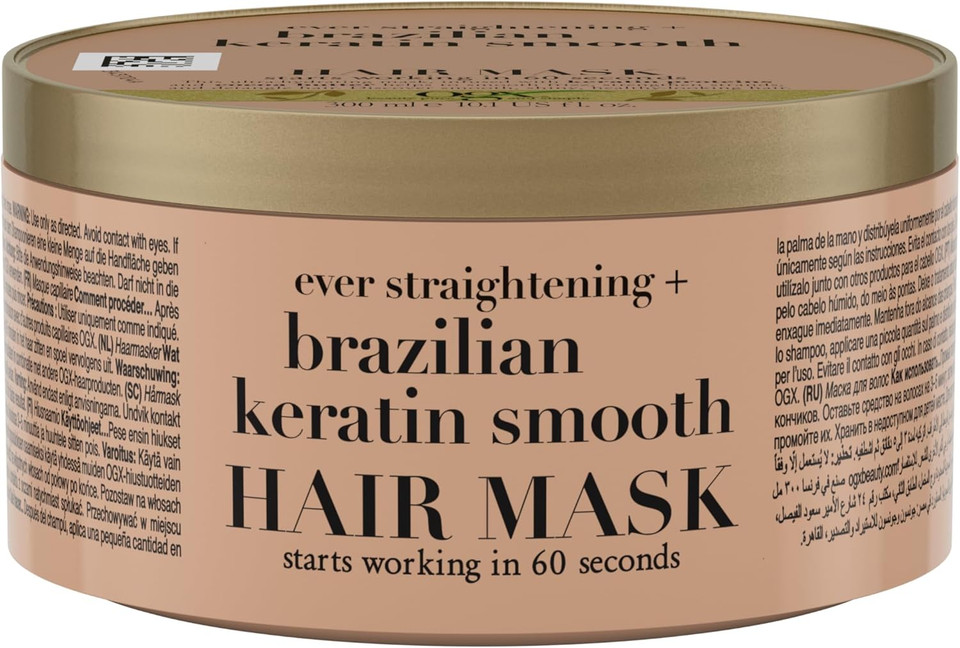 OGX Brazilian Keratin Smooth Hair Mask (300 ml) Moisturising Hair Mask with Keratin Protein for Frizzy, Curly or Wavy Hair