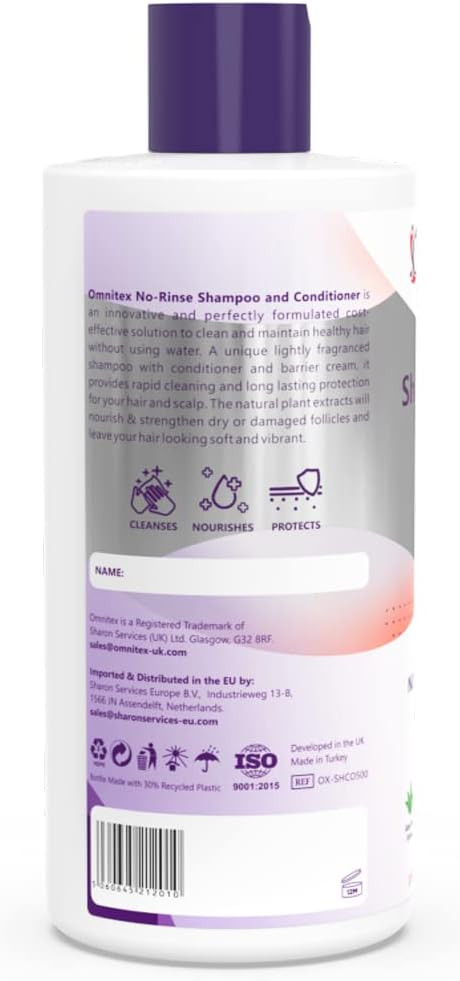 Omnitex Rinse Free Shampoo & Conditioner 500ml | Herbal Extracts & Vitamins | No Water - No Rinse | Clean, Nourish & Protect | No Parabens, Latex, Alcohol Free | Dermatologically Tested