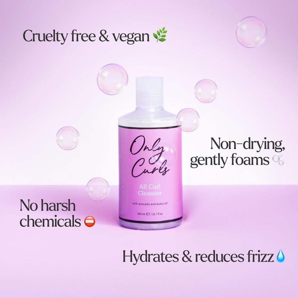 Only Curls All Curl Cleanser, 300ml, Curly Hair Care Shampoo, Sulphate-free, Gentle Formula, Hydrated, Defined & Frizz-Free Curls, Vegan & Cruelty Free, Vegan & Cruelty Free, For All Curly Hair Types