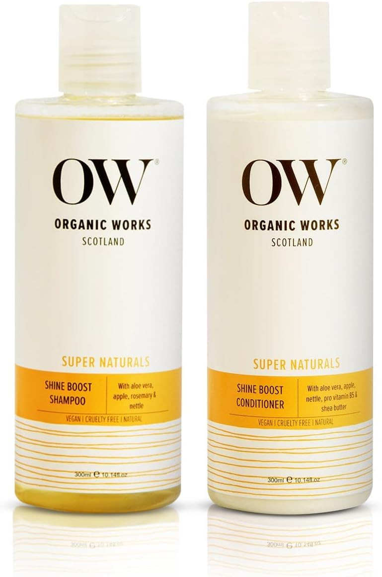 Organic Works Shine Boost Shampoo and Conditioner Combo Set  With Aloe Vera, Nettle, Rosemary & Shea Butter  99.99% Natural, 20.23% Organic 100% Vegan & Cruelty-Free Haircare  For All Hair Types