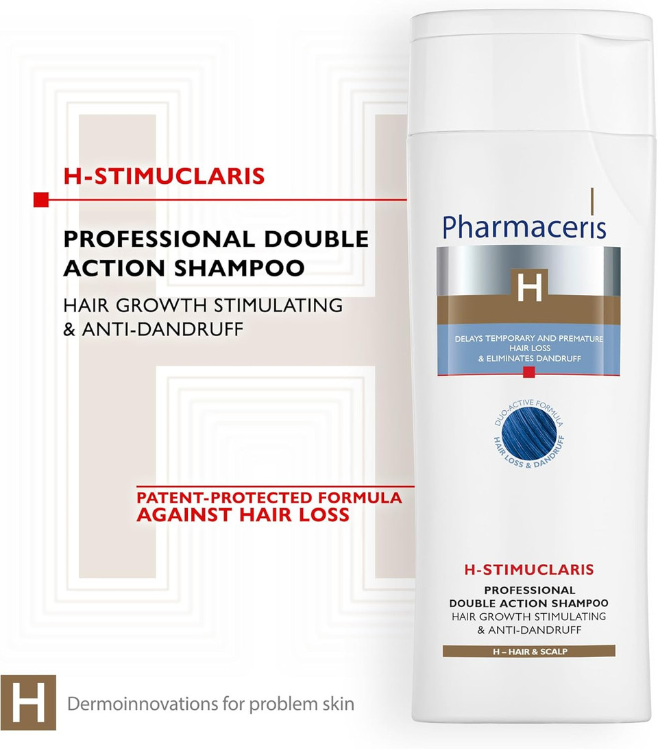 Pharmaceris H Stimuclaris, Double Action Shampoo, Hair Growth Stimulating and Anti-Dandruff Shampoo, Against Greasy Hair, Women and Men Hair Care - 250 ml