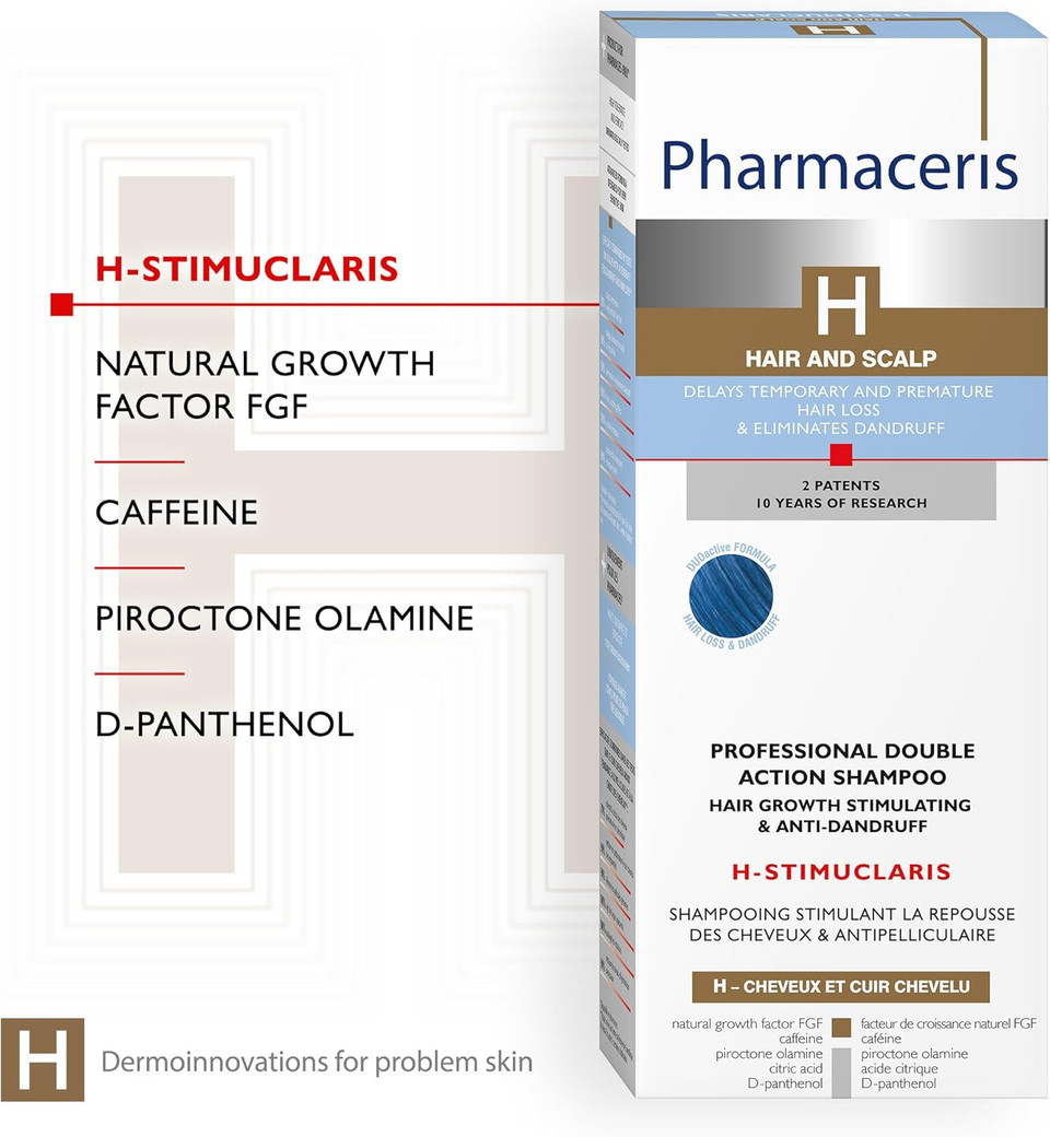 Pharmaceris H Stimuclaris, Double Action Shampoo, Hair Growth Stimulating and Anti-Dandruff Shampoo, Against Greasy Hair, Women and Men Hair Care - 250 ml