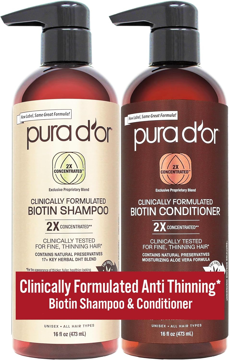 PURA D'OR Professional Grade Thickening Shampoo Clinically Tested Hair Thinning Therapy Super Concentrated for Maximum Results, Sulfate Free Natural & Organic Ingredients, Men & Women, 473 ml