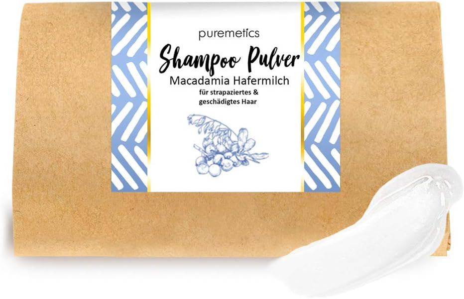 puremetics Zero Waste Shampoo Powder "Macadamia Oat Milk" (50 g = 200 ml) for Damaged and Damaged Hair, Vegan and Plastic-Free