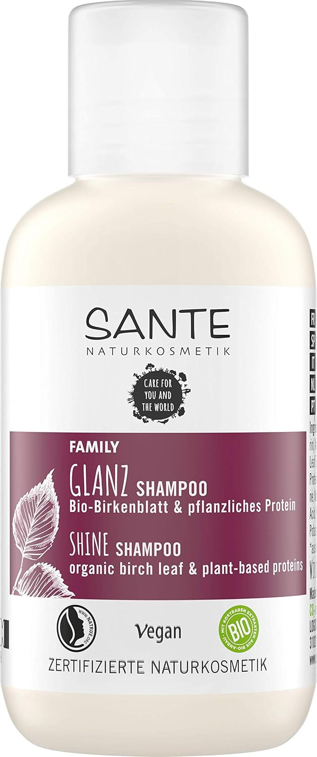 Sante Naturkosmetik Small Size Shine Shampoo Organic Birch Leaf & Vegetable Protein, Natural Hair Care for Shiny Hair from Root to Tip, Vegan, 50 ml