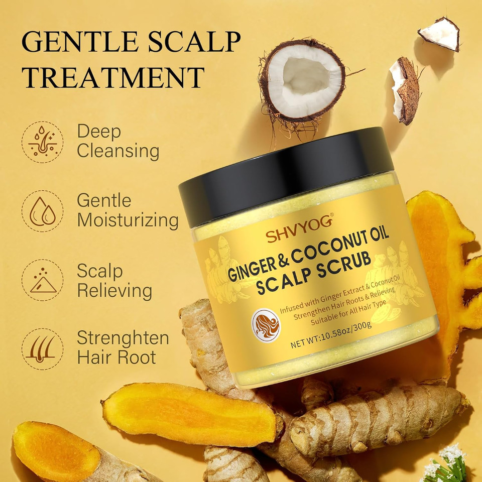 SHVYOG Scalp Scrub, Ginger Scalp Exfoliator, Scalp Exfoliator Scrub for Build Up, Hair Stenghten Hair Treatment Nourishing Detox Hair Care with Scalp Massager, 10.58 OZ