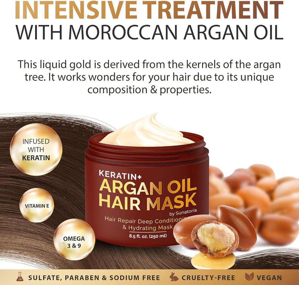 SUNATORIA Keratin Hair Mask - Professional Deep Hair Conditioner - Dry, Split End, Damaged Hair Repair Treatment - Vitamin Complex with Omega 3, 9, Vitamin E Oil - Protein Hair Care