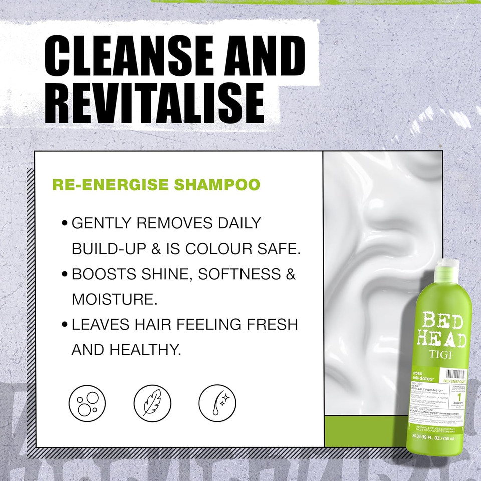 Bed Head by TIGI - Re-Energise Shampoo and Conditioner Set - Deep Cleansing And Conditioning Professional Hair Treatment - Ideal For All Hair Types - 2x750ml