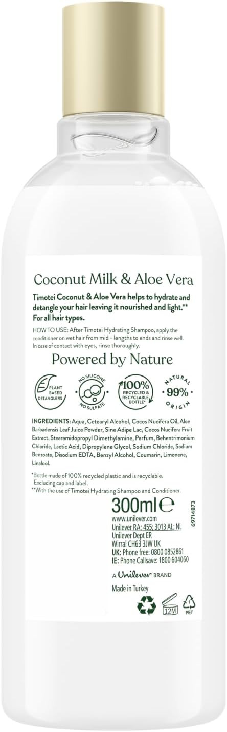 Timotei Hydrating Conditioner Silicon-Free Made from Natural Herbal Ingredients and Plant Based Detanglers Suitable for All Types of Hair 300ml, 2 Pack