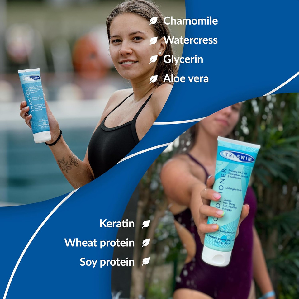 TRISWIM - Chlorine Removal Hair Care Bundle, After Swim Care Shampoo and Moisturizing Conditioner, Anti-Chlorine Hair Protection For Swimmers, Removes Green Tint, Vegan & Cruelty Free (251+251 ml)