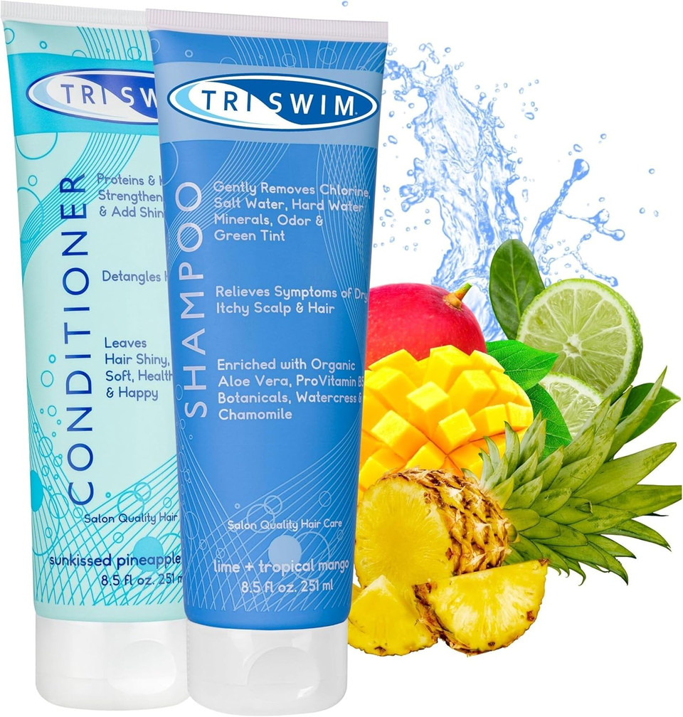 TRISWIM - Chlorine Removal Hair Care Bundle, After Swim Care Shampoo and Moisturizing Conditioner, Anti-Chlorine Hair Protection For Swimmers, Removes Green Tint, Vegan & Cruelty Free (251+251 ml)