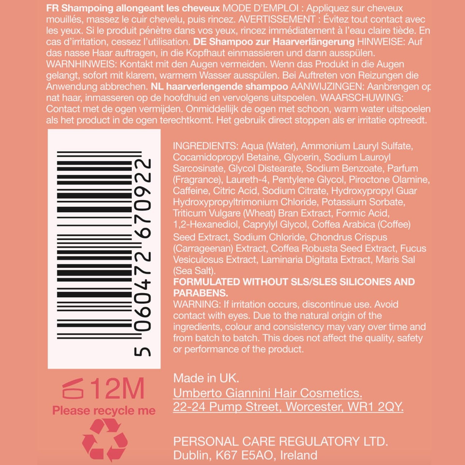 Umberto Giannini Grow Long Root Stimulating Shampoo - Strengthening Hair Growth for Thicker, Fuller Hair. Anti Pollution Shampoo for Hair Loss with Caffeine - Vegan & Cruelty Free