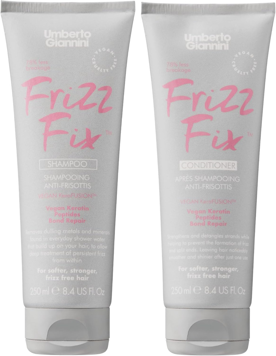 Umberto Giannini Frizz Fix Shampoo & Conditioner Duo for Dry & Damaged Hair with Vegan Keratin Bond Repair - Sulphate Free and 94% Natural 250ml x2