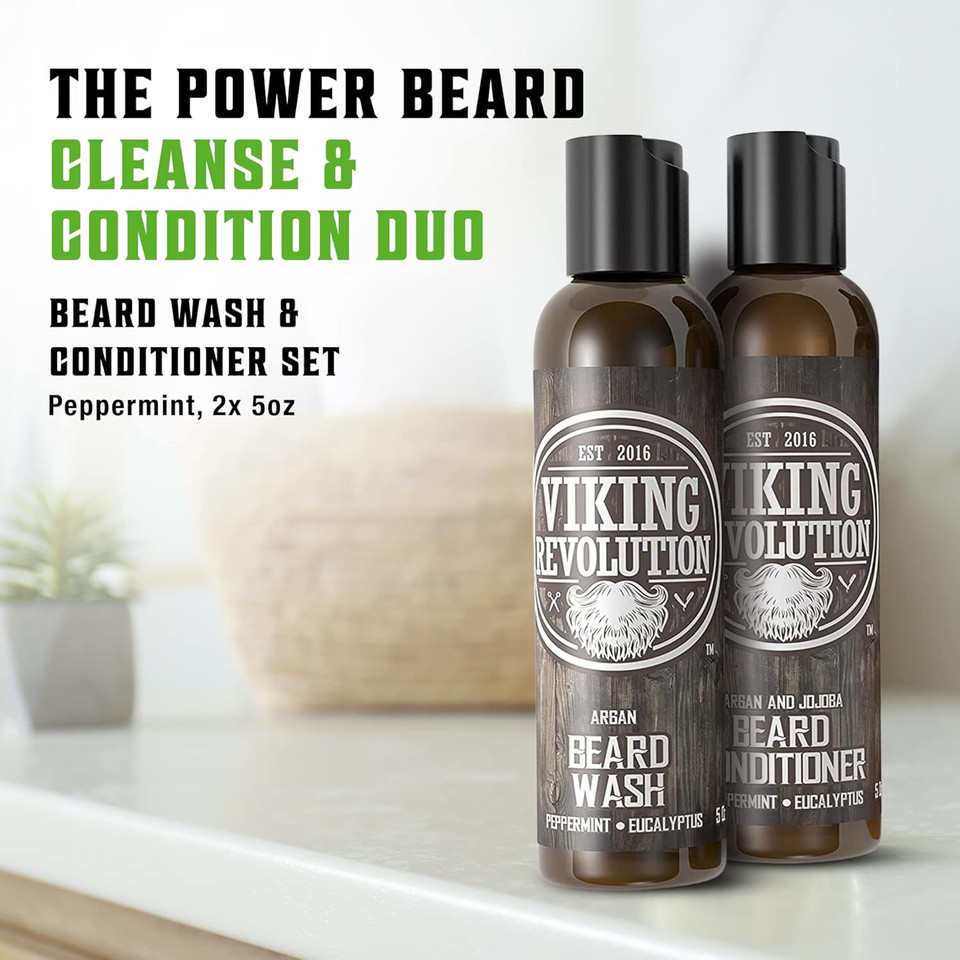 Viking Revolution - Beard Shampoo And Conditioner - Natural Beard Wash & Beard Conditioner With Argan & Jojoba Oils - Softens & Strengthens - Gifts For Men - Peppermint & Eucalyptus - 2 x 300 ml