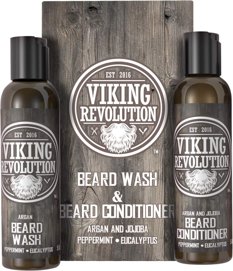 Viking Revolution - Beard Shampoo And Conditioner - Natural Beard Wash & Beard Conditioner With Argan & Jojoba Oils - Softens & Strengthens - Gifts For Men - Peppermint & Eucalyptus - 2 x 300 ml