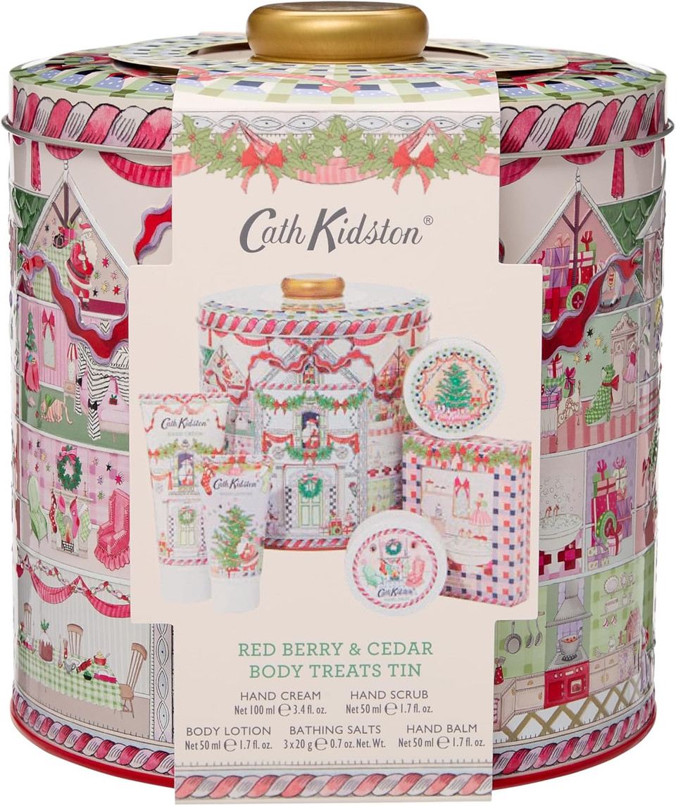 Cath Kidston Hand Cream 100 ml, Body Lotion, Hand Scrub, Hand Balm 3 x 50 ml, Bath Salt Sachets 3 x 20 g, Beauty Treat Tin, Travel Size and Vegan Friendly, Gift For Her, A Dolls House Collection
