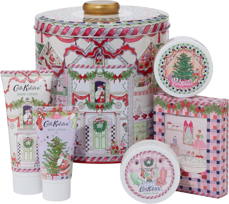Cath Kidston Hand Cream 100 ml, Body Lotion, Hand Scrub, Hand Balm 3 x 50 ml, Bath Salt Sachets 3 x 20 g, Beauty Treat Tin, Travel Size and Vegan Friendly, Gift For Her, A Dolls House Collection