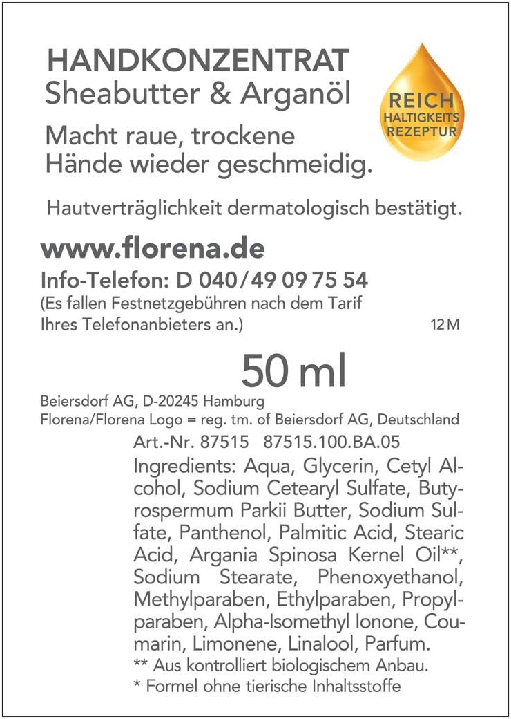 Florena Hand Concentrate with Shea Butter and Argan Oil Vegan, 50 ml (Pack of 1)