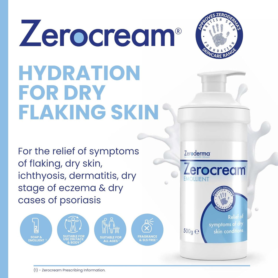 Zeroderma Zerocream Emollient Cream 2-in-1 Moisturiser & Soap Substitute, for Eczema, Psoriasis & Dry Skin Conditions. Hydrating Relief for Flaking Skin, 500g