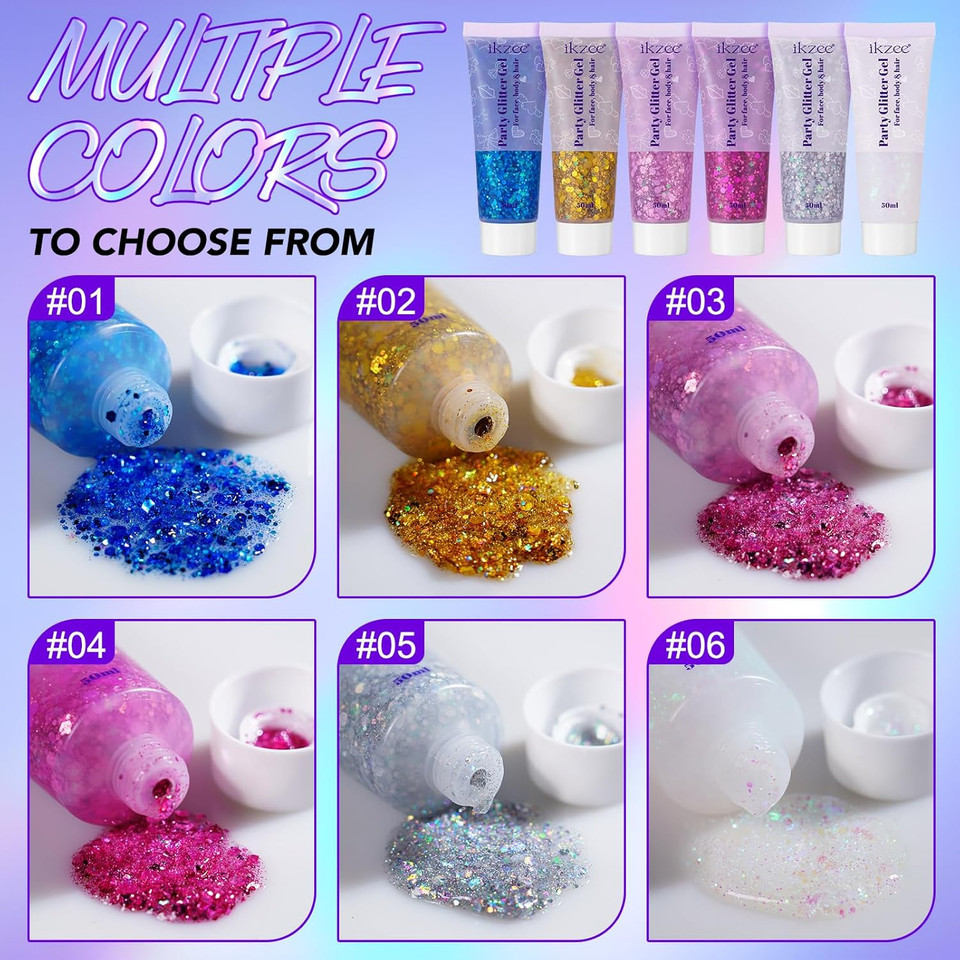 Body Glitter Gel 3PCS, 50ml Mermaid Silver Pink Face Hair Glitter Gel Sequins Shimmer Liquid Eyeshadow, Liquid Holographic Glitter Gel, Chunky Glitter for Music Festival, Parties, Performances, Stages