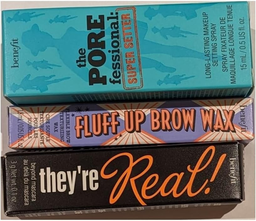 Benefit Bundle including SAMPLE-SIZE Porefessional Makeup Setting Spray, Fluff Up Brow Wax, They're Real! Mascara
