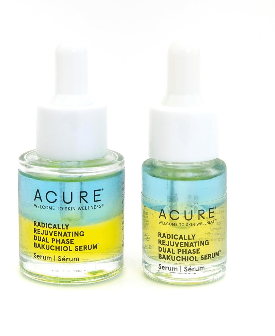 Acure Radically Rejuvenating Dual Phase Bakuchiol Serum Set - Anti-Aging & Soothing Skin Support - All Natural Made With Eggplant, Turmeric & Bakuchiol - Vegan Skin Care Set Of 0.67 + 0.33 Fl Oz