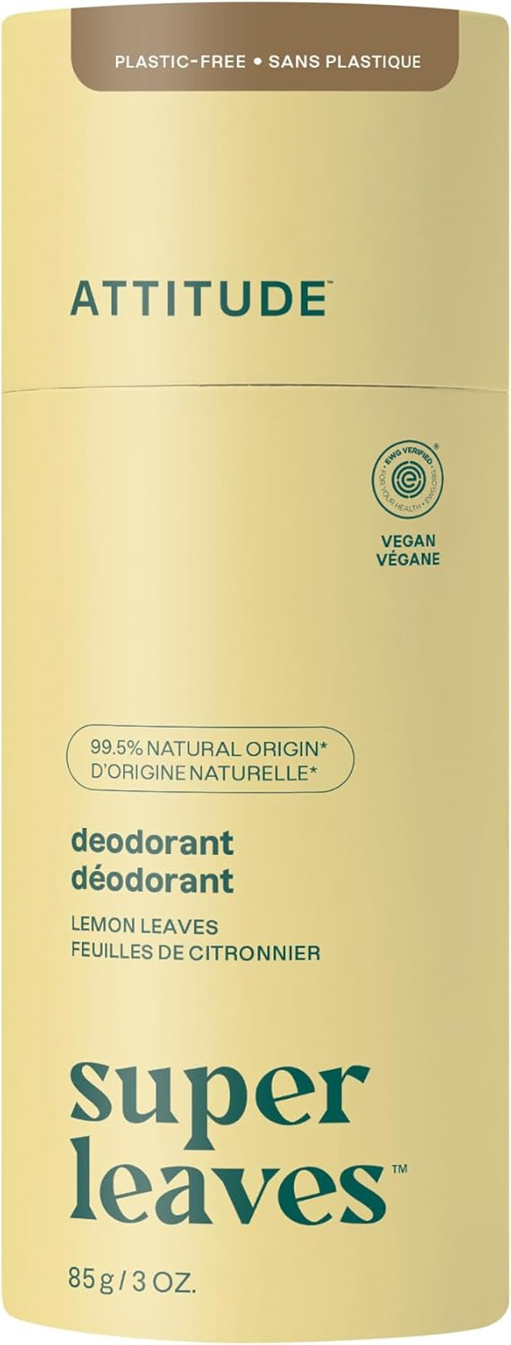 ATTITUDE Plastic-Free Deodorant, EWG Verified, Aluminum Free, Vegan Naturally Sourced Body Deodorants for Women & Men, Dermatologically Tested, Lemon Leaves, 85 grams