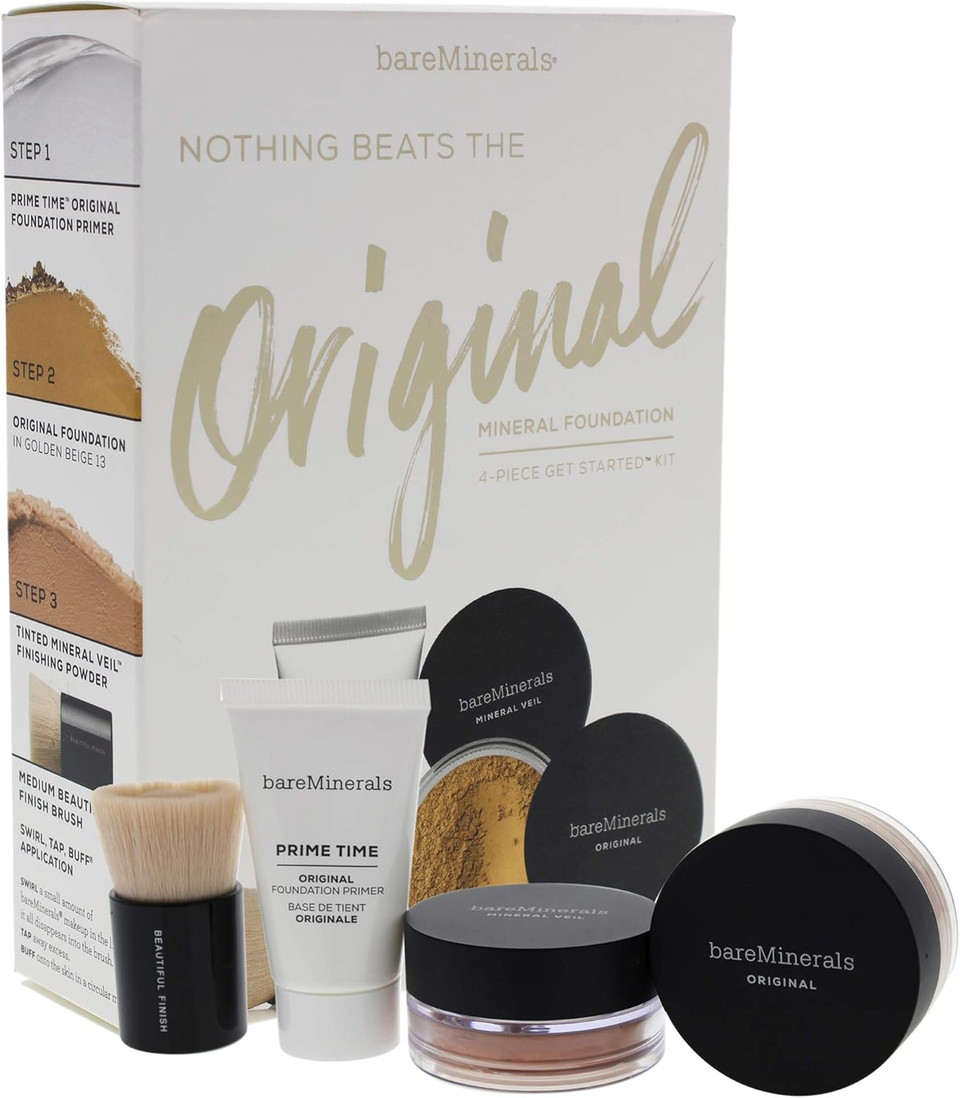 bareMinerals Nothing Beats The Original Mineral Foundation - 13 Golden Beige For Women 4 Pc Set 0.5Oz Prime Time Original Foundation Primer, 0.07Oz Original Foundation Spf 15