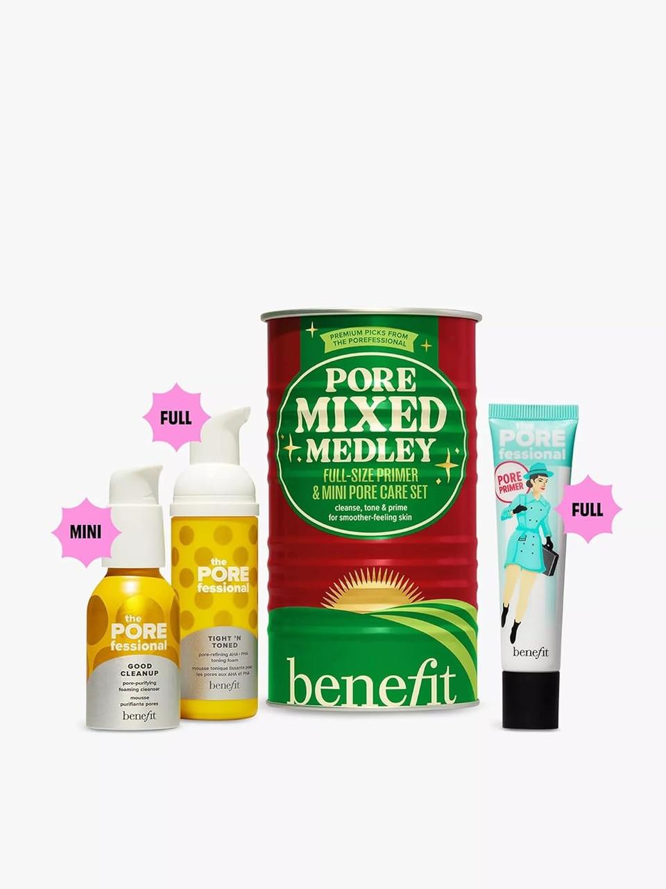 Benefit Pore Mixed Medley Kit Full-size pore primer, minis of foaming cleanser and toning foam, plus sample of overnight pore treatment