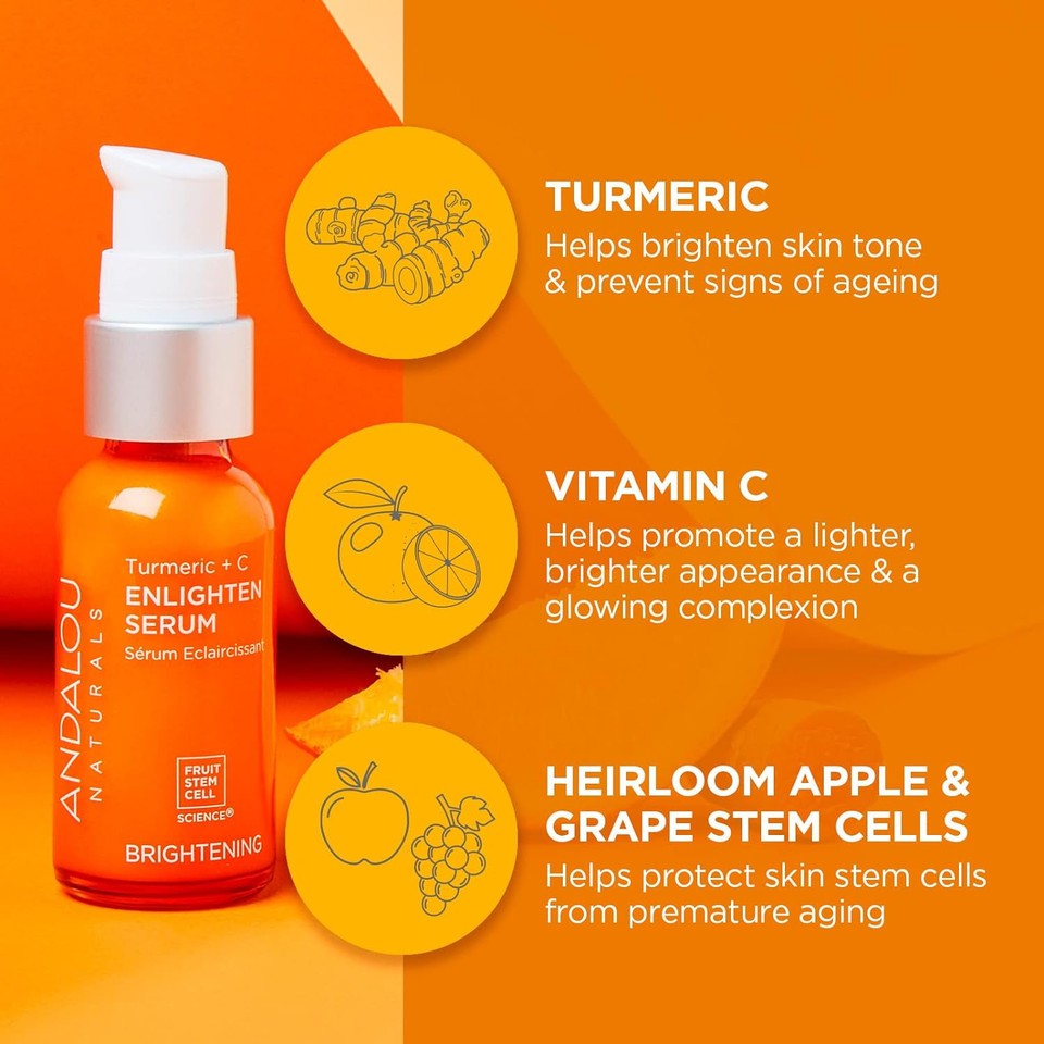Andalou Naturals Turmeric + C Enlighten Serum, Skin Brightening With Vitamin C & Turmeric, Anti-Aging Care, Diminish Sun Damage, Lighten Skin, 1.1 Fl Oz