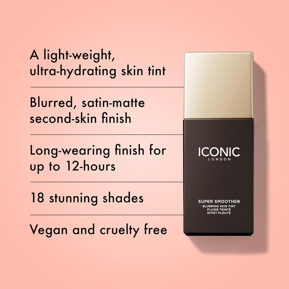 ICONIC LONDON Super Smoother Blurring Skin Tint Light to Medium Coverage Matte Makeup Foundation Enriched with Vegan Collagen and Peach Flower Extract - Neutral Rich, 1, 60.0 gram