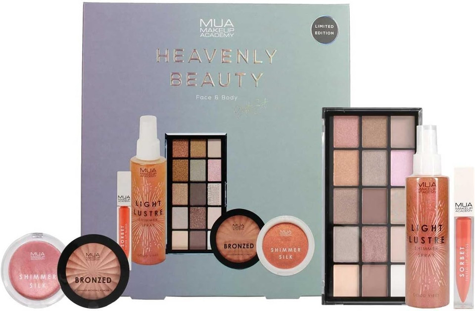 MUA HEAVENLY 5PC (LIP GLOSS, SHIMMER SPRAY, EYE PALETTE, BRONZER & HIGHLIGHT)