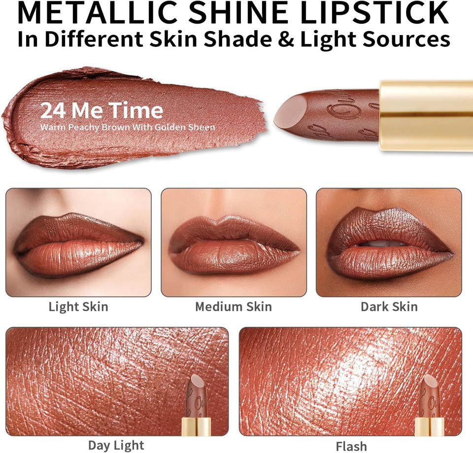 OULAC Glow Metallic Shine Pink Lipstick, Rose High Impact Lipcolor, Lightweight Soft and Ultra Hydrating, Long Lasting, Vegan & Cruelty-Free, Full Coverage Lip Color 4.3 g/0.15 GM05 Spice up