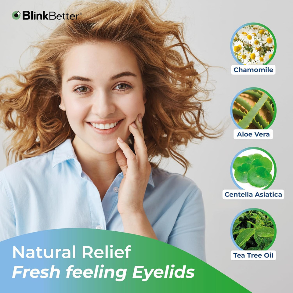 BlinkBetter Tea Tree Oil Eyelid Wipes - 60 x Natural Blepharitis, MGD & Dry Eye Relief Wipes | Cleansing, Soothing, Dual-Textured, Triple Moisture Formula | Biodegradable & Gentle (Pack of 3)