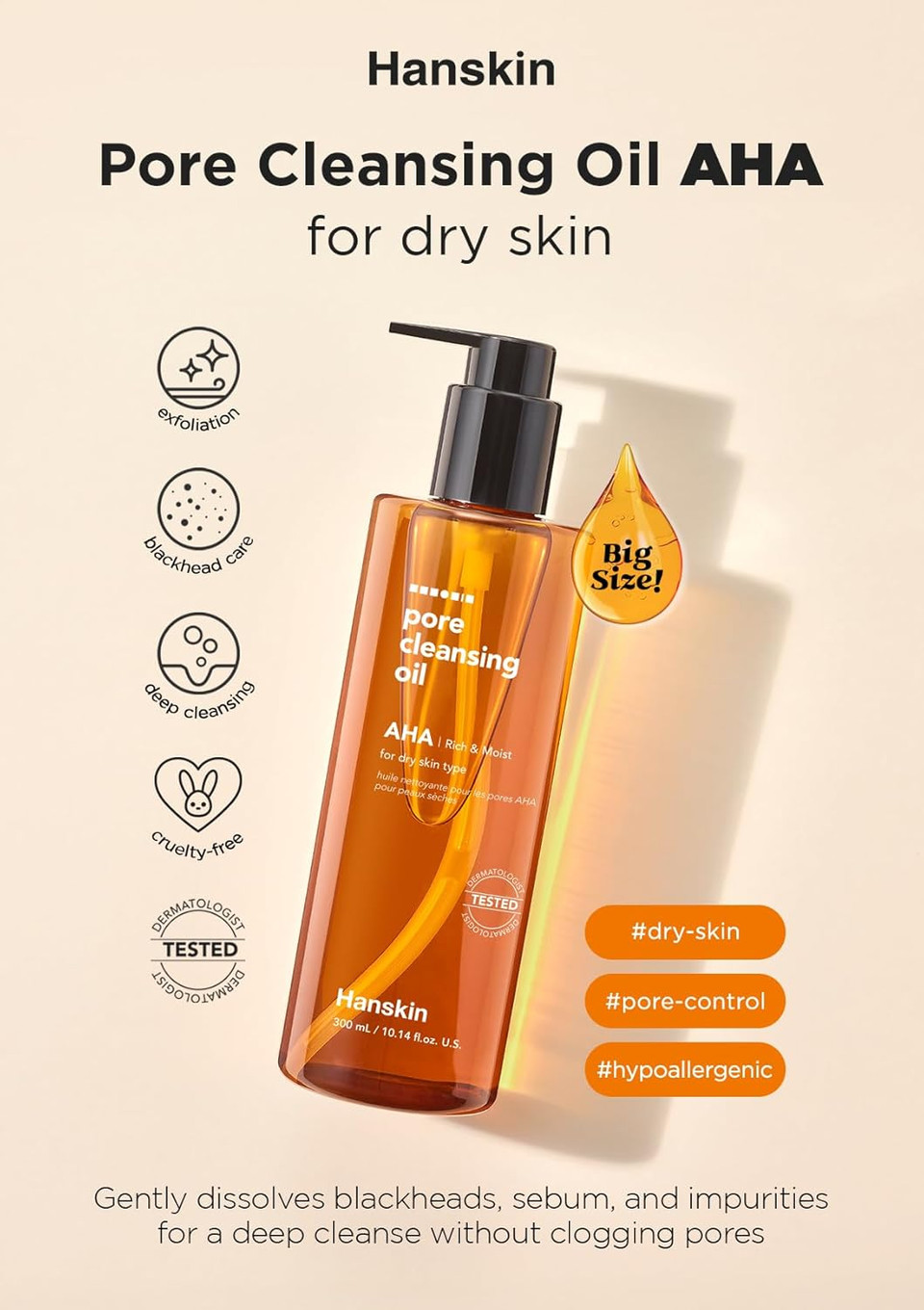 Hanskin Aha Pore Cleansing Oil For Dry Skin, Exfoliating, Waterproof Makeup Sebum Remover Facial Oil Cleanser For Face, Moisturizing For Soft Skin, Korean Skincare [Aha/10.14 Oz.]