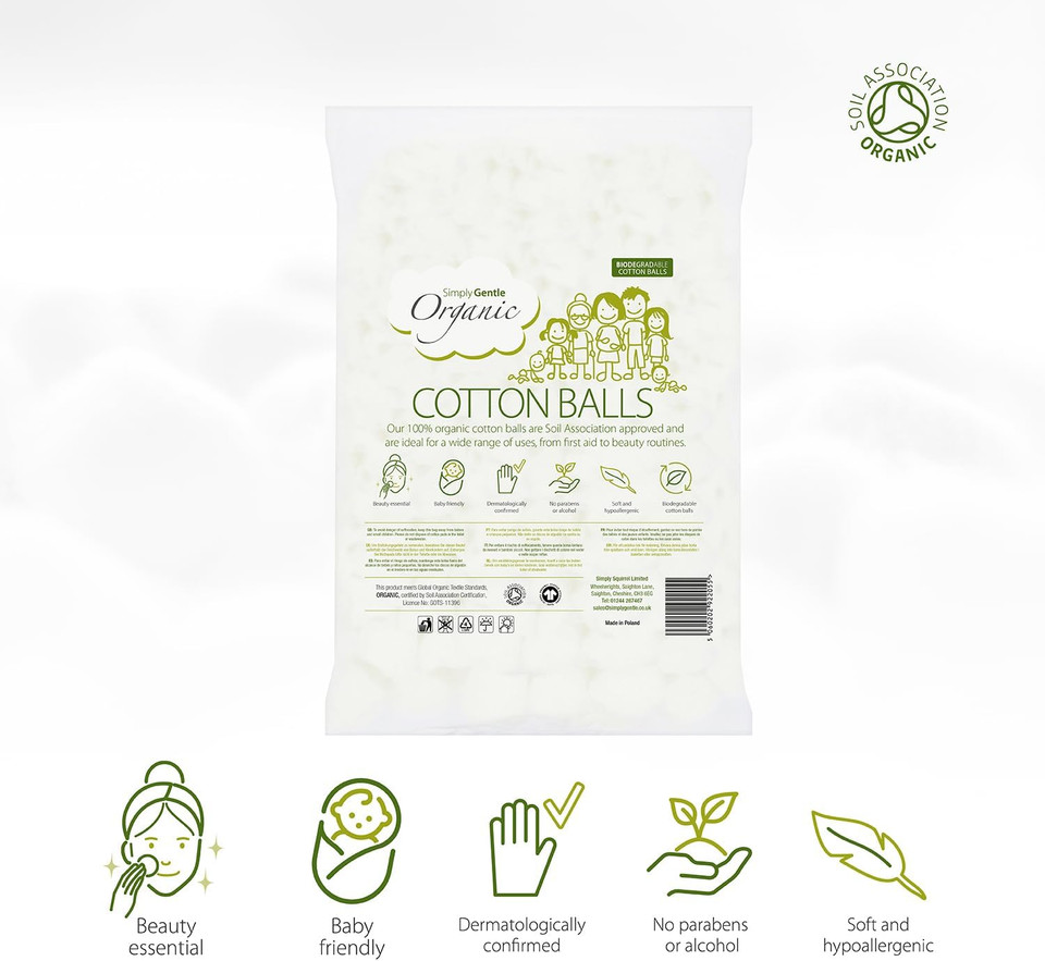 Simply Gentle Organic Cotton Wool Balls - Perfect for First Aid - Pure Cotton Balls for Skin Care, Hypoallergenic & Soft - Free from Odours, Alcohol, Irritants and Paraben - 100 Balls (Pack of 6)