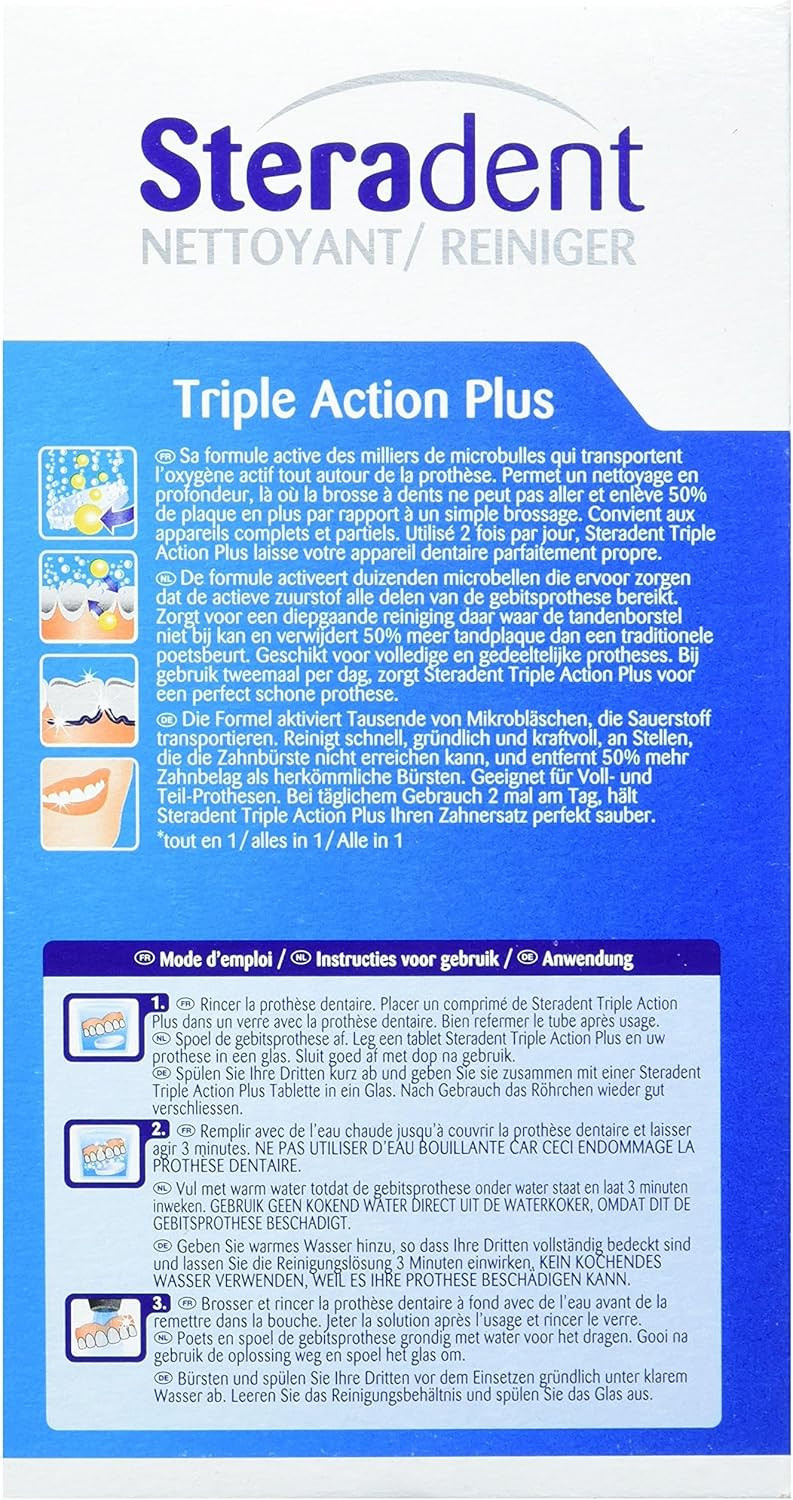 Steradent Active Fresh Tablets for Denture Cleaning, 60+30 Triple Action Formula Tablets