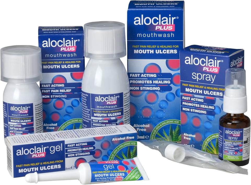 Aloclair Plus 120ml Mouthwash Mouth Ulcer Treatment & Plus Spray Mouth Ulcer Treatment, 15 ml