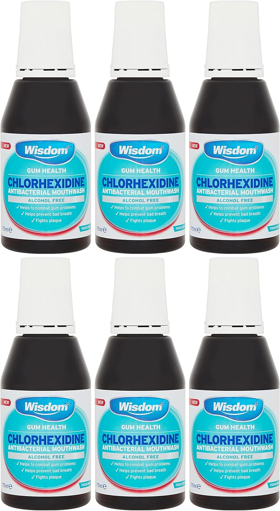 6 x Wisdom Chlorhexidine Antibacterial Alcohol Free Mint Mouthwash 175ml
